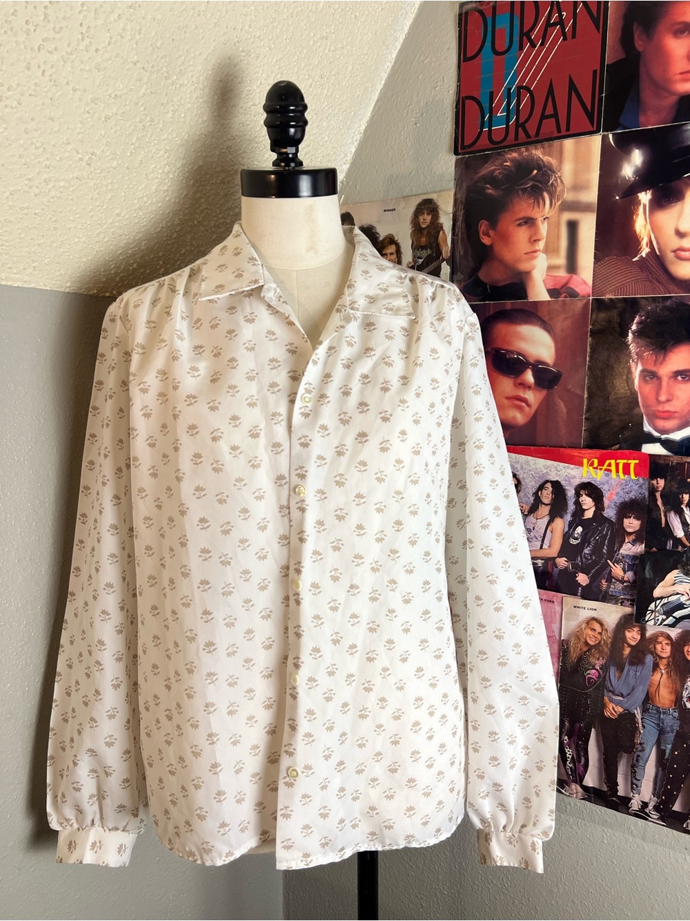 Classic Cream Button-Down Blouse with Subtle Print